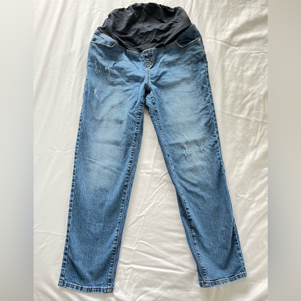 Isabel Maternity Jeans 90s Straight Leg Distressed Medium/Light Wash Cropped